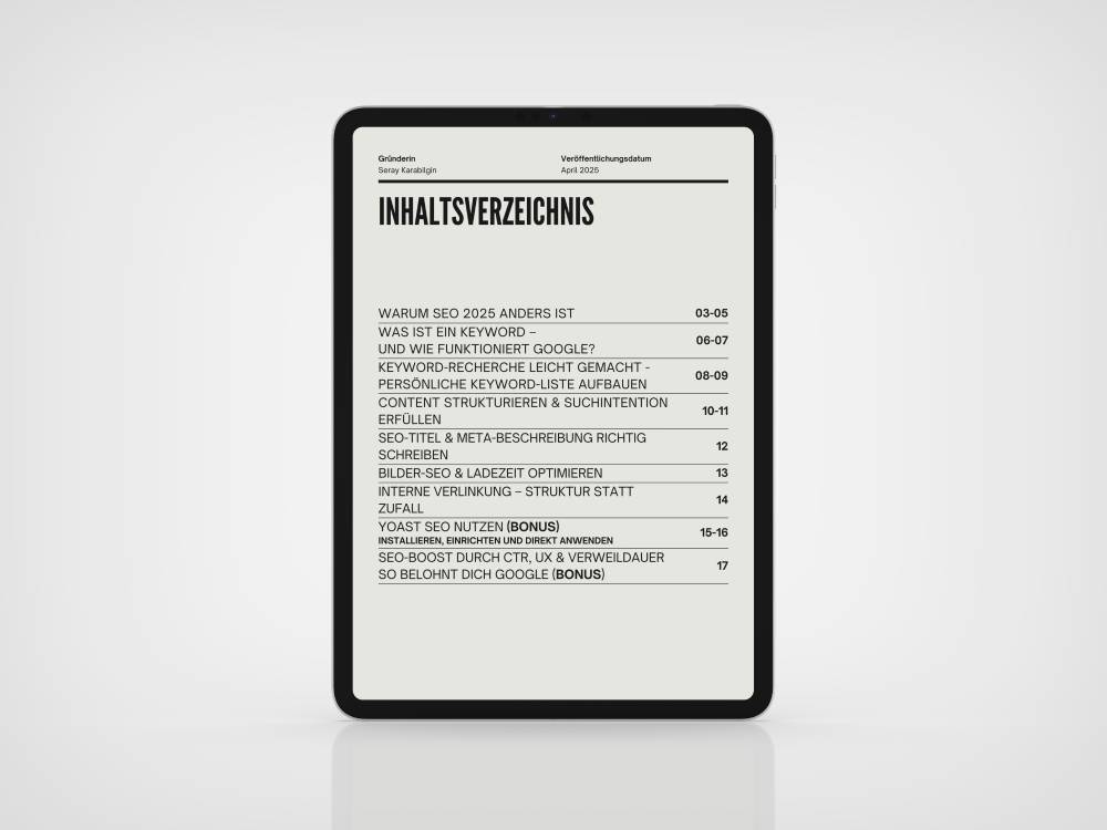 iPad zeigt Inhaltsverzeichnis eines SEO Guides an - Digitale Produkte