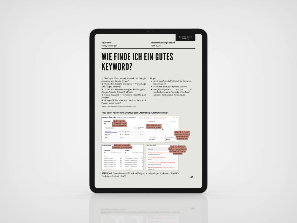 iPad zeigt eine Seite zu Keyword-Recherche eines SEO Guides an - Digitale Produkte